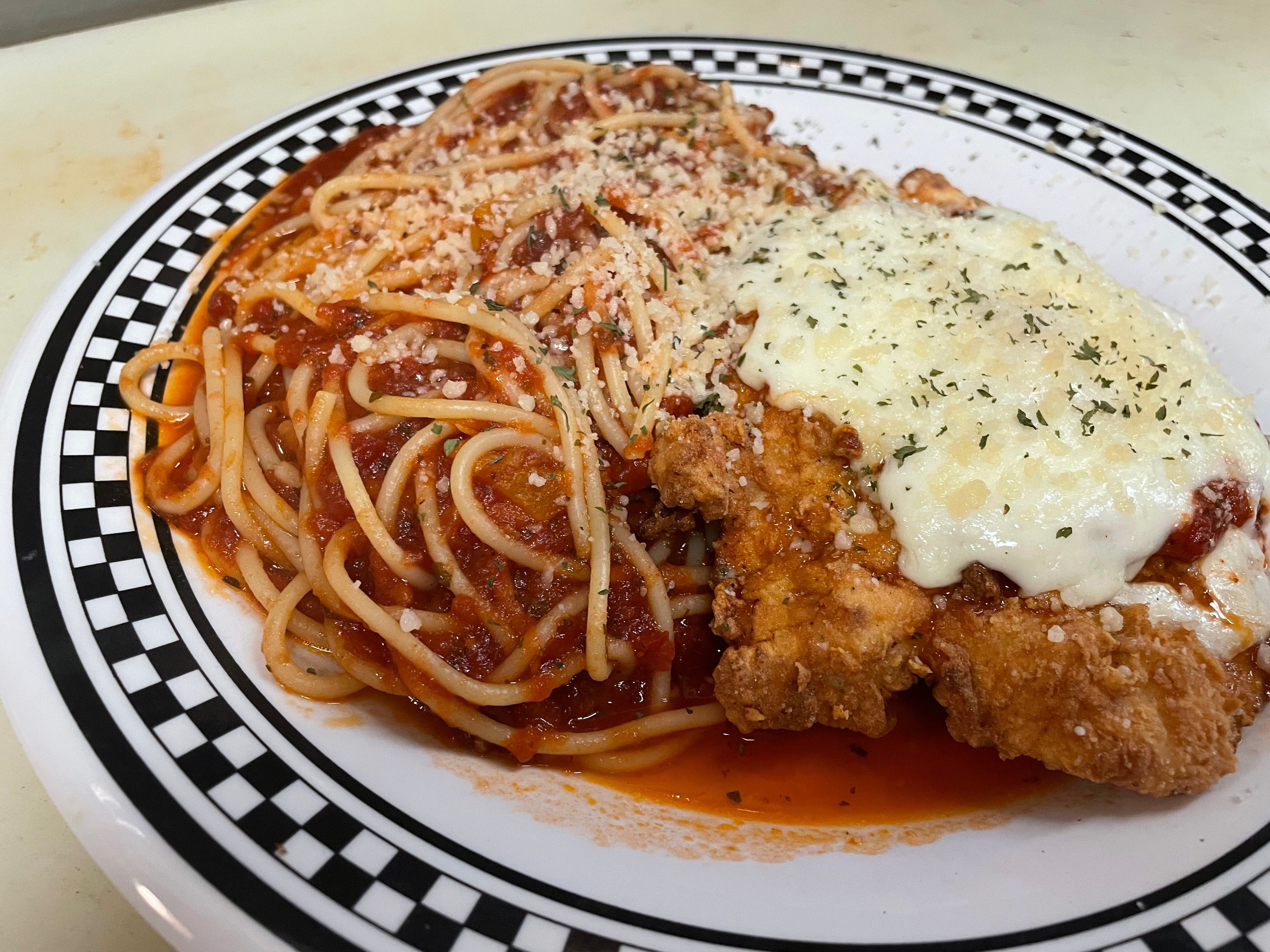 Chicken Parmigiana with Spaghetti.